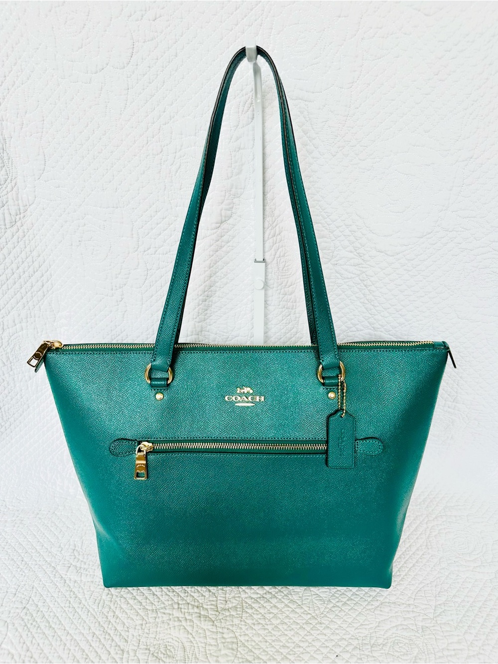 Coach Teal Green Leather Tote with Gold Hardware